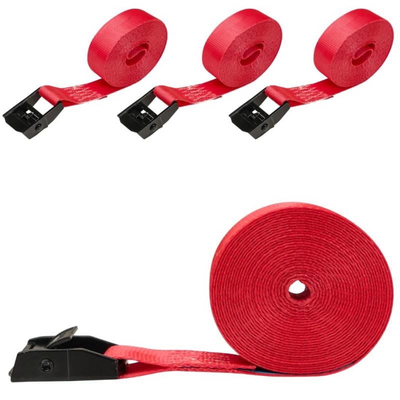 LOADCARE 4er Set Spanngurte mit Klemmschloss Befestigungsgurt Schnellspanngurt 25mm breit Klemmschlossgurt einteiliger Zurrgurt 350daN (Rot mit schwarzem Klemmschloss, 4 m) von LOADCARE