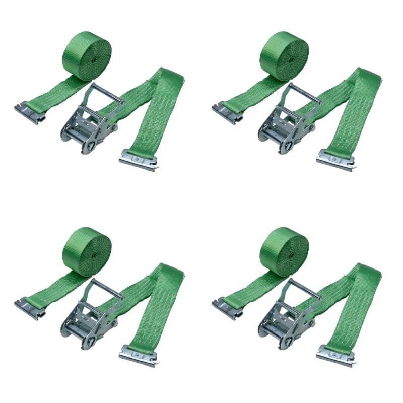 LOADCARE 4er Set Zweiteiliger Zurrgurt mit Ratsche für Ankerkombizurrschiene 50mm Breite Befestigungsgurt Schnellspanngurt 750 daN grün (Länge 5000 mm) von LOADCARE