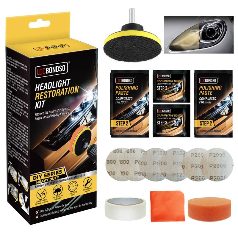 LOCBONDSO Scheinwerfer Aufbereitung Set Universal-Auto-Polierkit | Für matt-blinde Kunststoffscheinwerfer | Schnellpolieren in 15 Minuten ohne Kratzer | Mit Polierpaste, Schwamm & Aufsätzen von LOCBONDSO