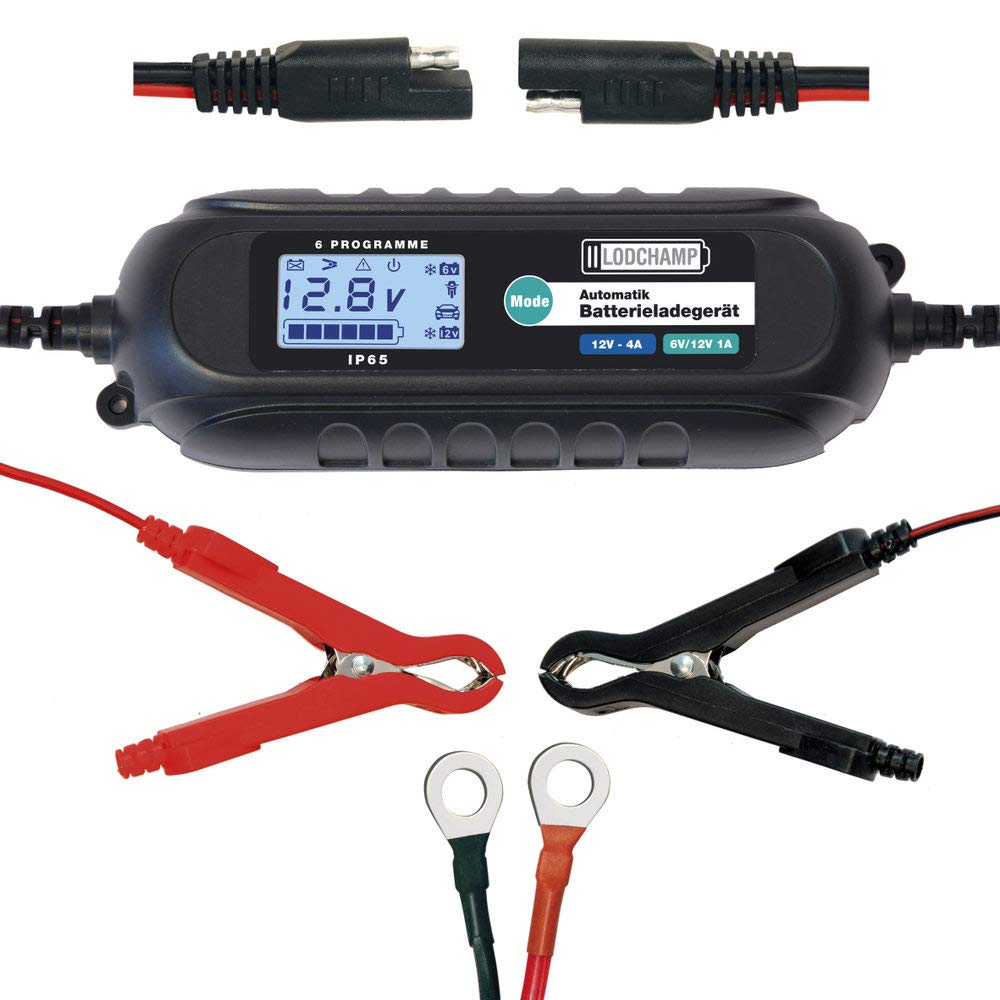 LODCHAMP Batterieladegerät 6/12V 4A-11 Stufen mit 2-Kabeln (Ringösen+Klemmen) & Komfortstecker von LODCHAMP