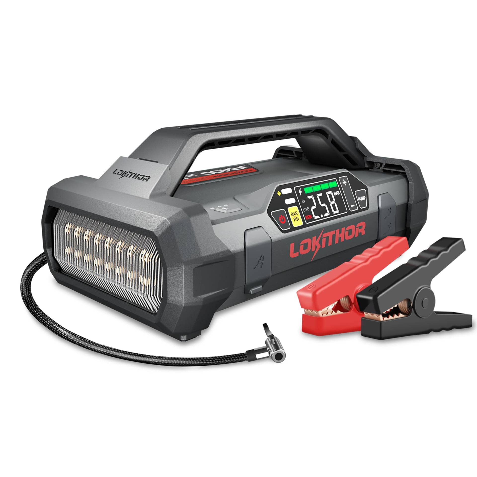 LOKITHOR JA400 Auto Starthilfe Powerbank 1750A 12V Starthilfegerät mit Auto Kompressor(0,8-10Bar/10-150psi), 60W Zwei Wege Schnellladung, Batterie Booster für 5.5L -Diesel und 7.5L -Benzinmotor von LOKITHOR