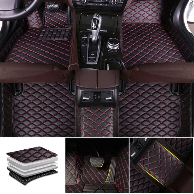 Auto FußMatten Leder Fussmatten für VW Touareg 2019-, Custom Allwetter wasserdichte Bodenmatte Set Abdeckung Vorne Hinten Teppiche,B-Black/Red von LOLUZ