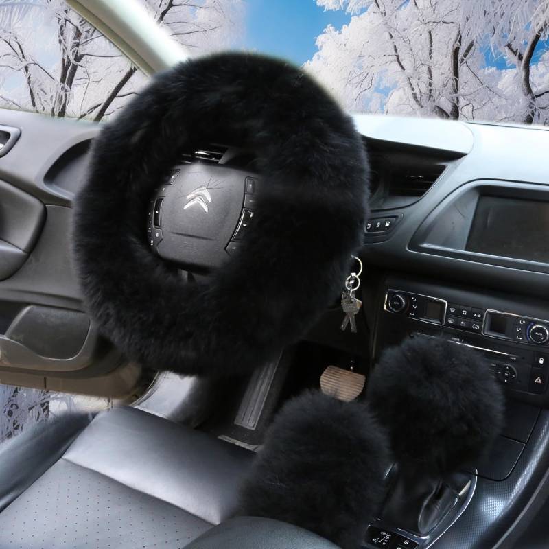 LOMTRATS Mehrfarbiger Auto-Lenkradbezug, Gangschaltung, Handbremse, Flauschiger Bezug, 1 Set, 3 Stück, mit winterwarmer Reiner Wolle, modisch, passend für die meisten Autos, für Damen oder Herren von LOMTRATS