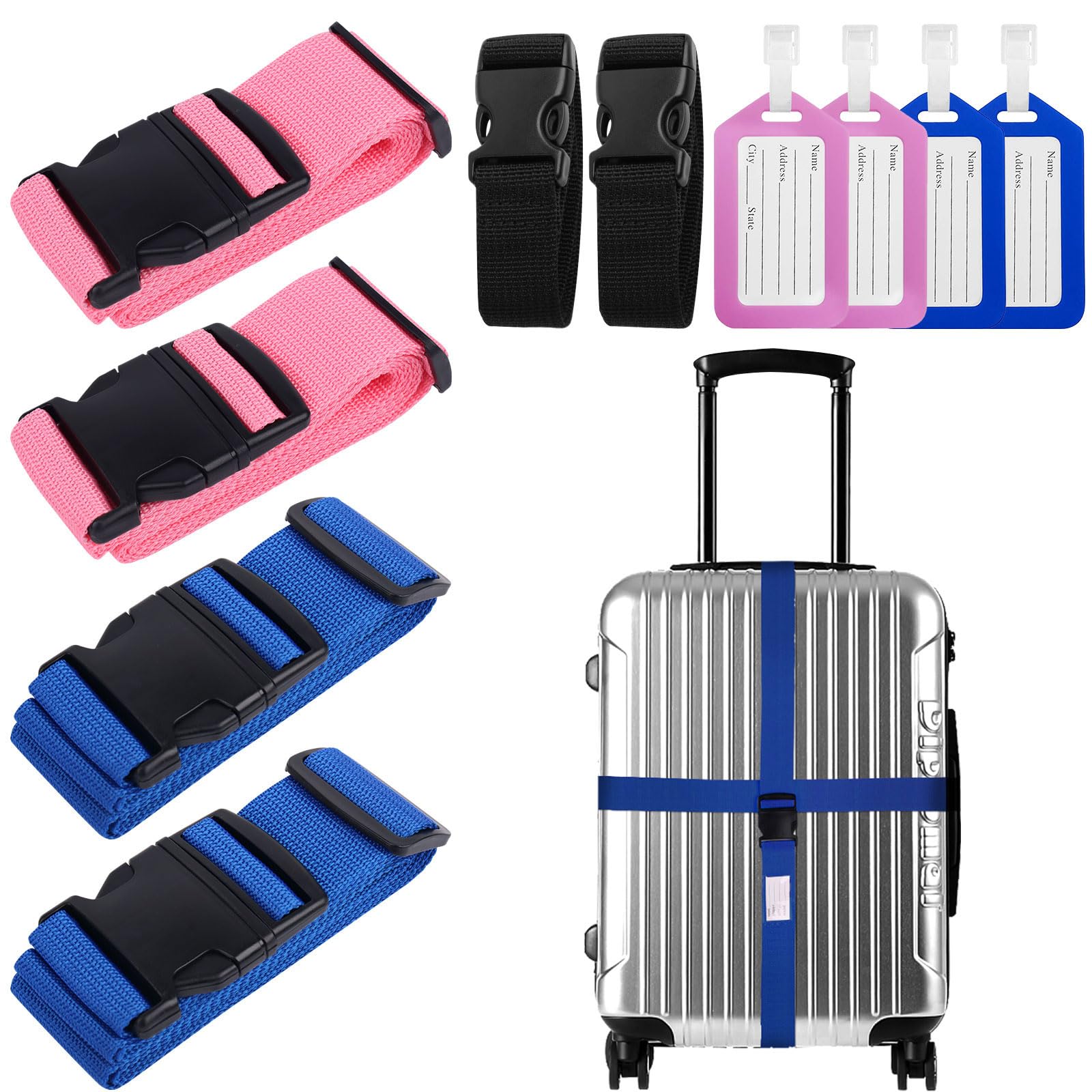 LONHCHI 4 Stück Premium Gepäckgurt Koffergurt Kofferband Einstellbare rutschfest Gepäckband Lang kofferbänder Luggage Strap + 4 Stück Kofferanhänger Sicher Reisen für Koffer (Rosa+Marineblau) von LONHCHI