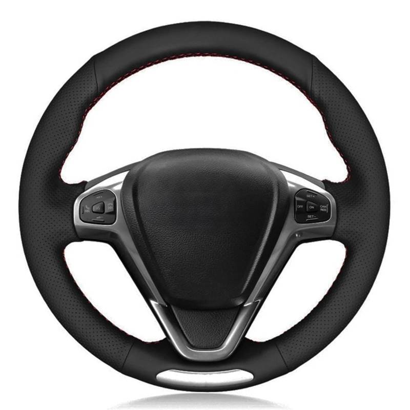 Auto-Lenkradabdeckung Für Ford Für Fiesta ST 2013 2014 2015 2016 2017 2018 Auto Lenkrad Abdeckung Hand-genäht Schwarz Künstliche Leder Lenkradschutz(Red Thread) von LONPEXDT