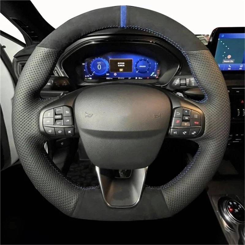 Auto-Lenkradabdeckung Für Ford Für Focus 4 2019 2020 Für Fiesta 2017 2018 2019 Für Tourneo 2018 2019 Handgenähte Autolenkradabdeckung Aus Schwarzem Wildleder Lenkradschutz(White Thread) von LONPEXDT