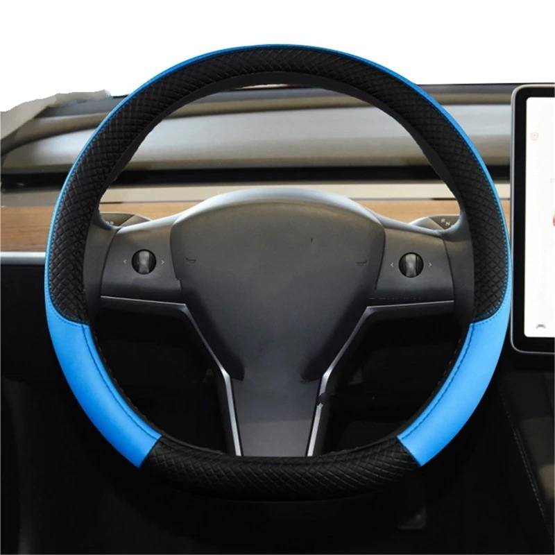 Auto-Lenkradabdeckung Für Tesla Für Modell 3 2016 2017 2018 2019 2020 2021 2022 2023 Auto Lenkrad Abdeckung PU Leder Nicht-Slip Auto Zubehör Lenkradschutz(Blau) von LONPEXDT
