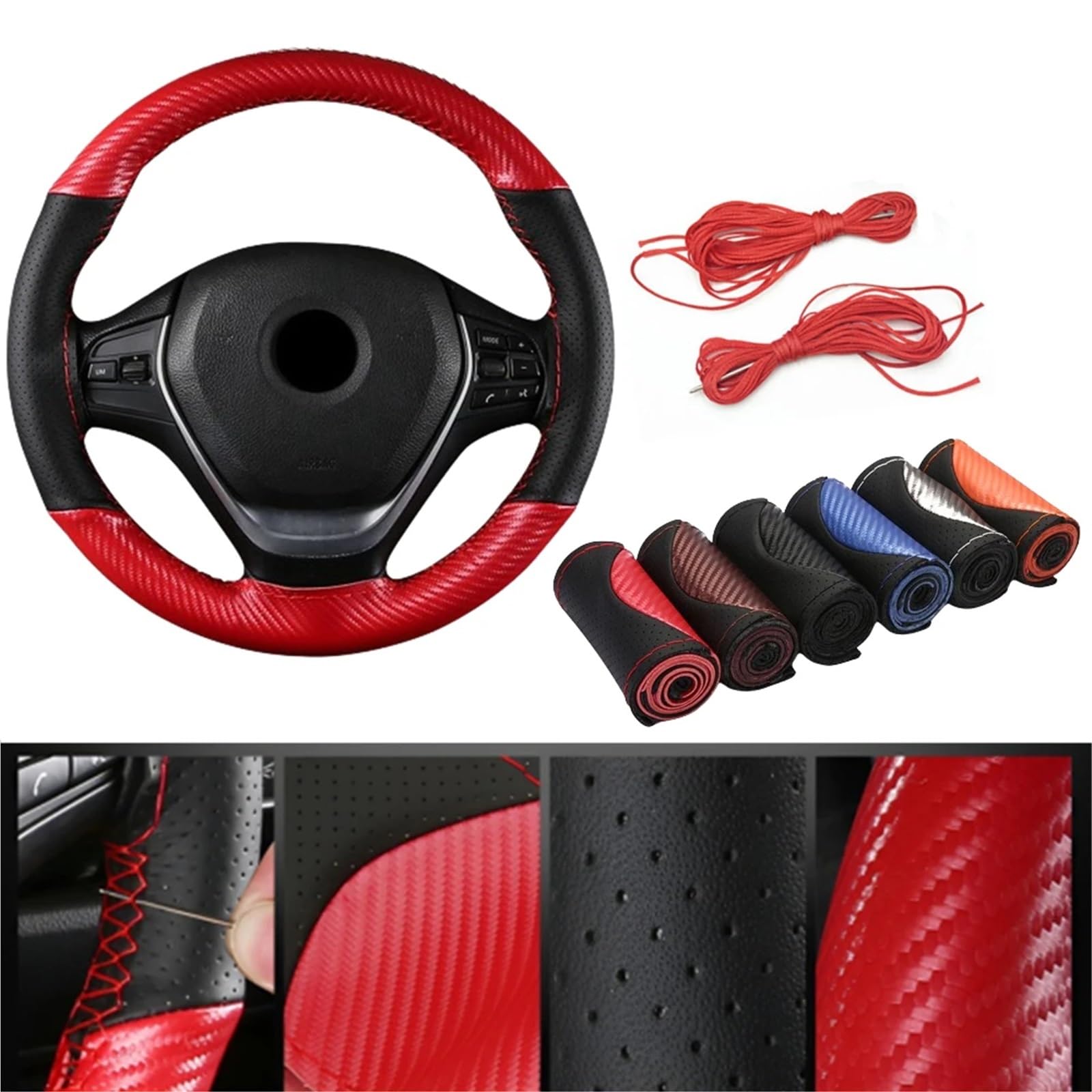 Auto-Lenkradabdeckung Leder Auto Lenkrad Abdeckung Matte Carbon Faser Auto Lenkrad Schutz Flechten Abdeckung Nähen Lenkrad Universal Lenkradschutz(Rot) von LONPEXDT