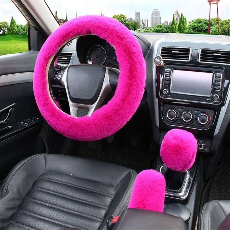 Auto-Lenkradabdeckung Pelz Auto Lenkrad Abdeckung Warme Winter Auto Handbremse Shift Abdeckung DREI-stück Set Lenkrad 38 cm Lenkradschutz(Rose red) von LONPEXDT