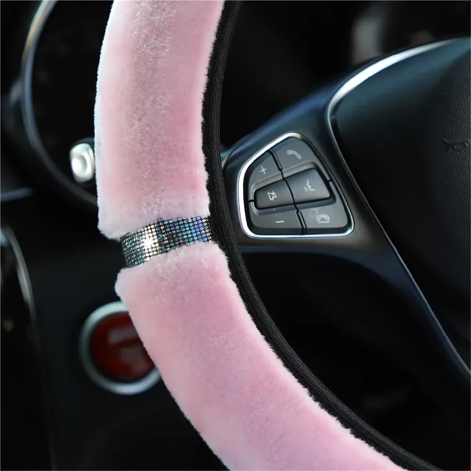 Auto-Lenkradabdeckung Weiche Plüsch Strass Auto Lenkrad Abdeckung Winter Innen Zubehör 37-38 cm Lenkung-Abdeckung Auto-Styling Für Frauen Lenkradschutz(Schwarz) von LONPEXDT