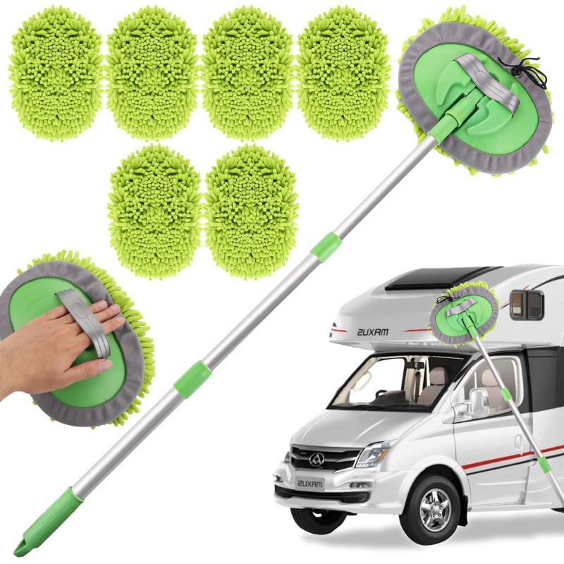 LOPYXBR Autowaschbürste 2 in 1 Autowaschbürste mit Stiel 118 cm Teleskop Mikrofaser Auto Waschbürste mit Teleskopstiel 180° Drehung Waschbürste Auto mit 5 Ersatz Moppkopf für Auto RV Trucks Wohnmobil von LOPYXBR