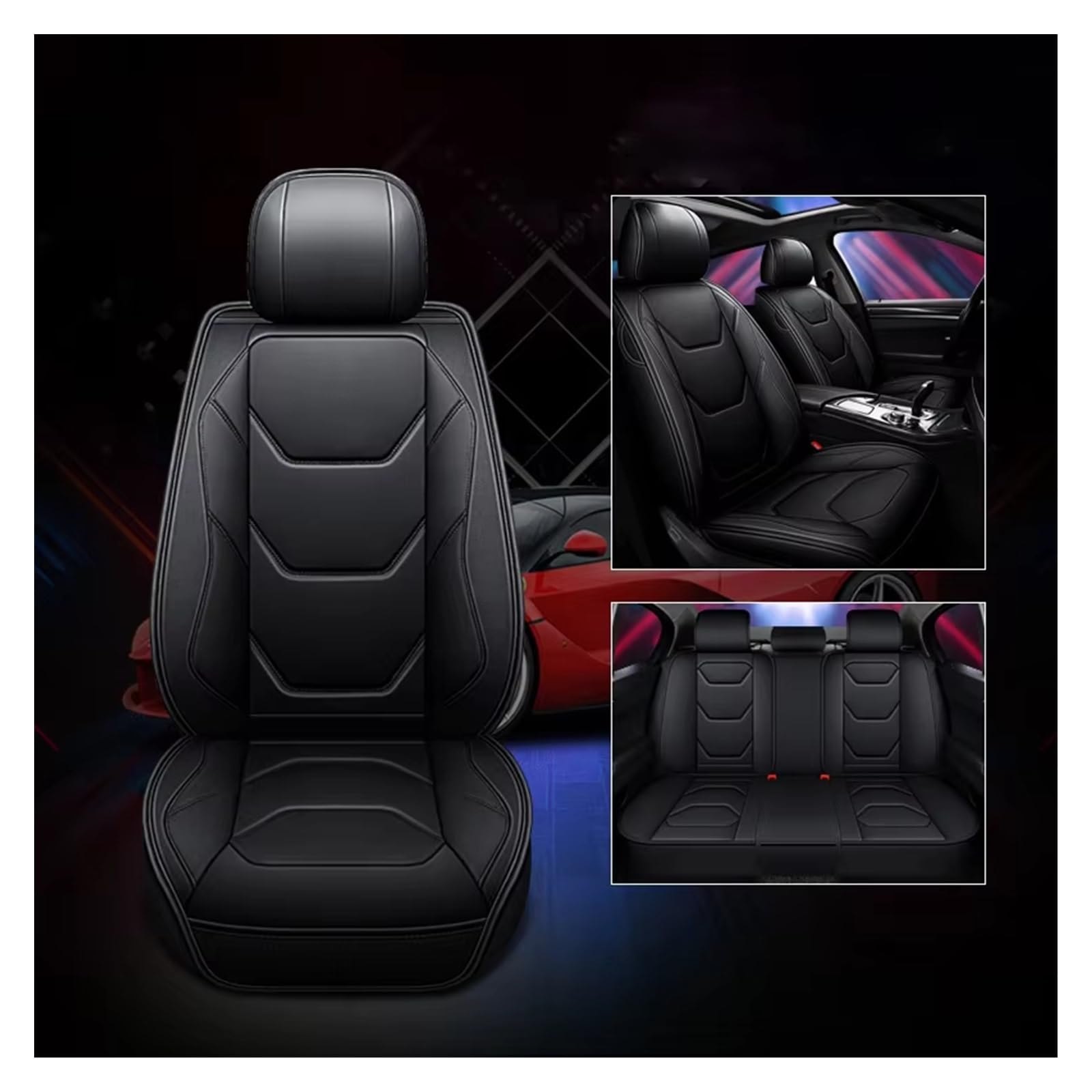 Autositzbezug Autositzbezug, PU-Leder, Autositzbezüge, Fahrzeugsitzkissen-Schutzpolster, Langlebig Und Langlebig Sitzschoner Auto(Black Full Set) von LPAKMGAGEL