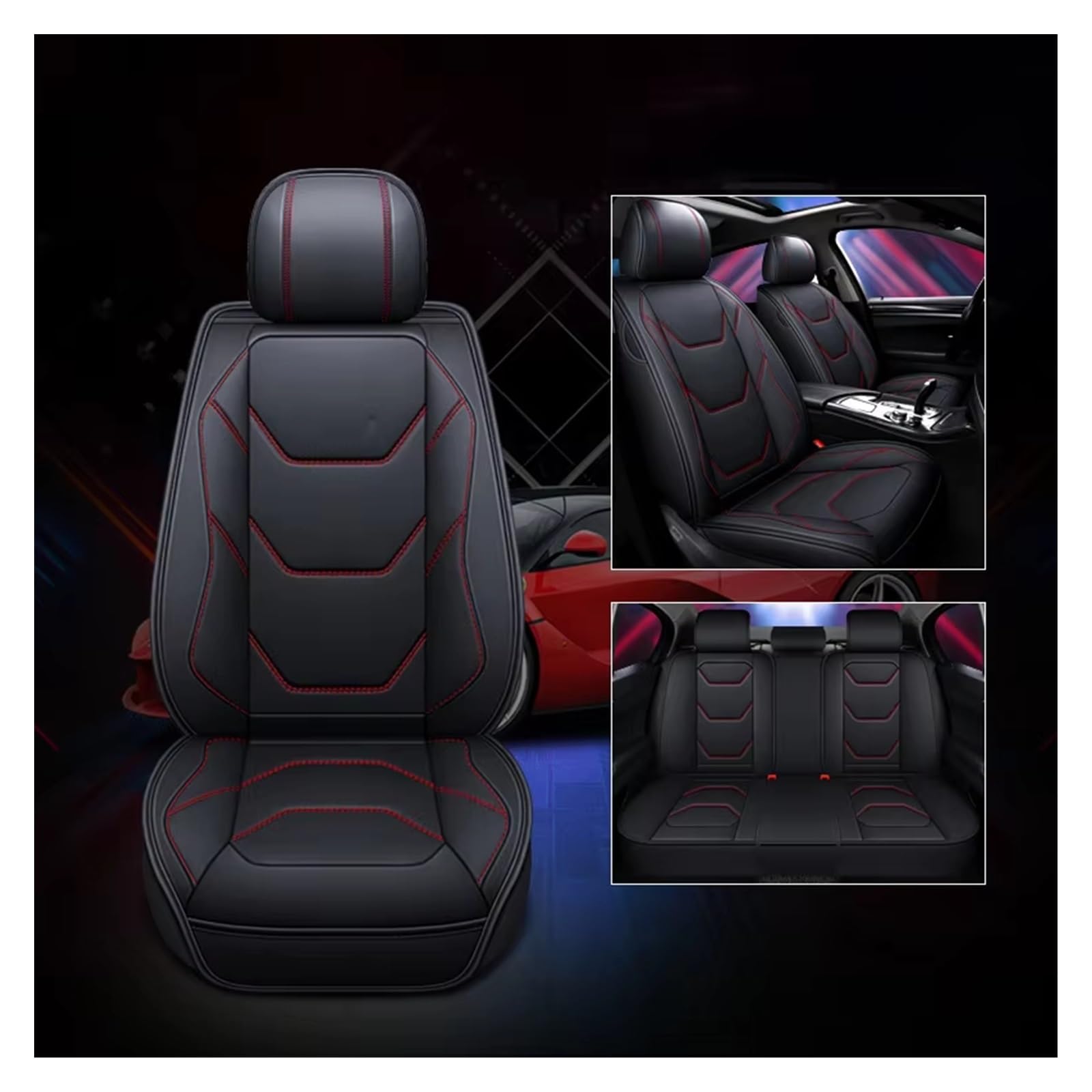 Autositzbezug Autositzbezug, PU-Leder, Autositzbezüge, Fahrzeugsitzkissen-Schutzpolster, Langlebig Und Langlebig Sitzschoner Auto(Black Red Full Set) von LPAKMGAGEL