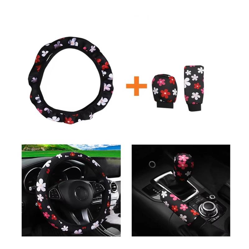 Lenkradhülle Abdeckung Handbremse Abdeckung Griff Abdeckung 3 Stück Stoff Karo Blume Spinnennetz Auto Ohne Innenring Lenkrad Lenkrad Abdeckung(Red White Flower) von LPAKMGAGEL