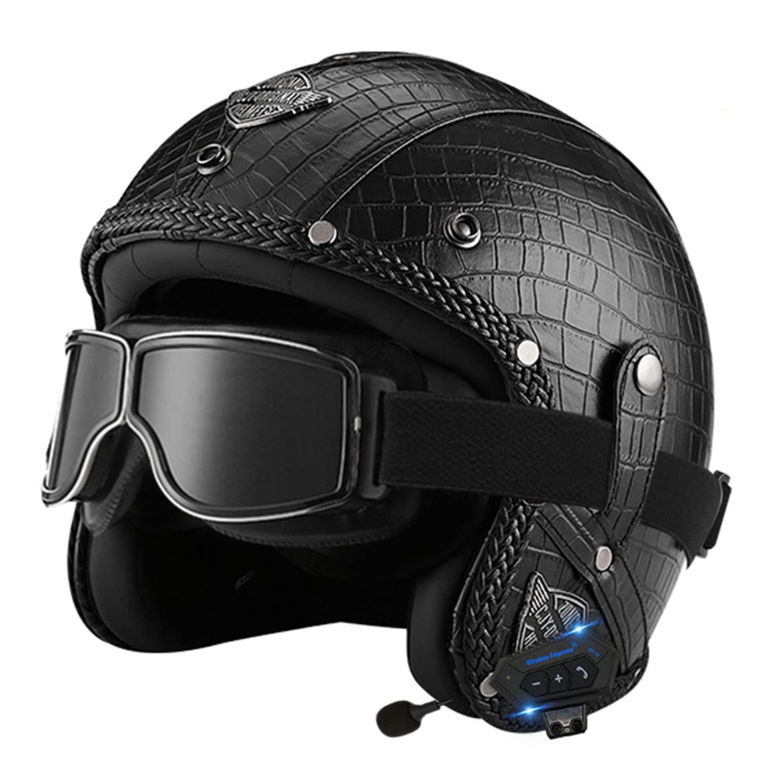 Bluetooth Jethelm mit Visier Retro Pilotenhelm Qualität nach ECE-Norm Roller-Helm für Frauen und Herren im Vintage-Look, Motorrad-Helm mit Schutzbrille E,M von LPXPLP