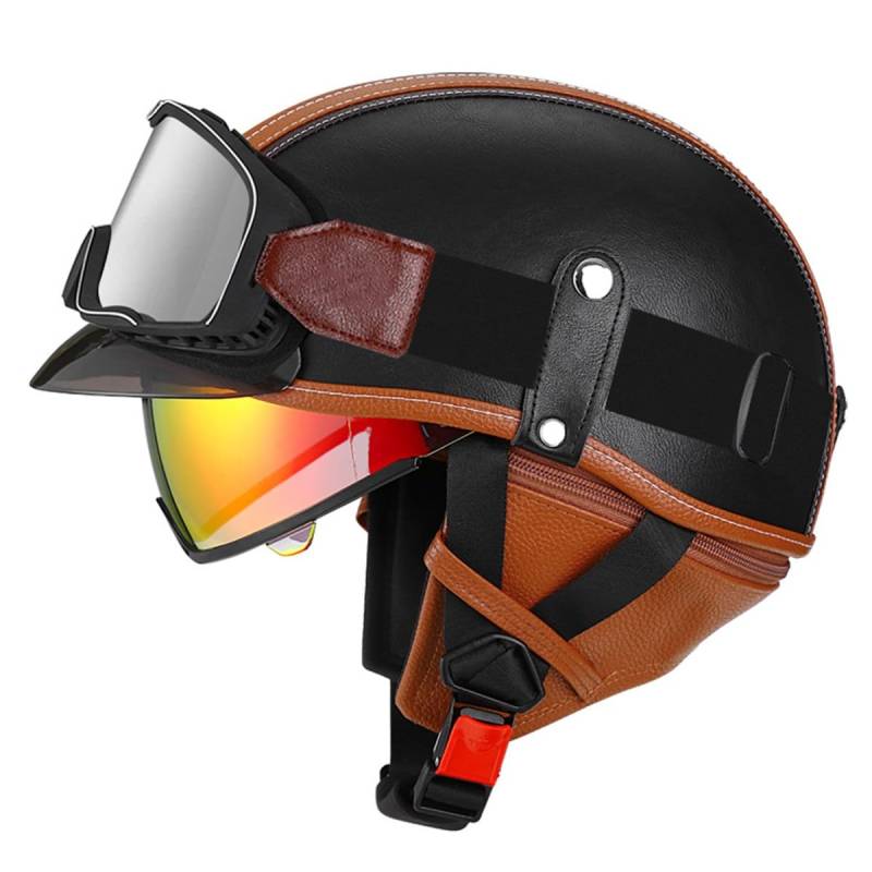 Halbschalenhelm Leder Jethelm ECEDOT-Zulassung Vintage Motorradhelm Motorrad Halbhelm Für Herren Damen Mit Brille Offenem Helm Straßenhelm Cruiser Scooter Helm 11,L:59-60CM von LPXPLP