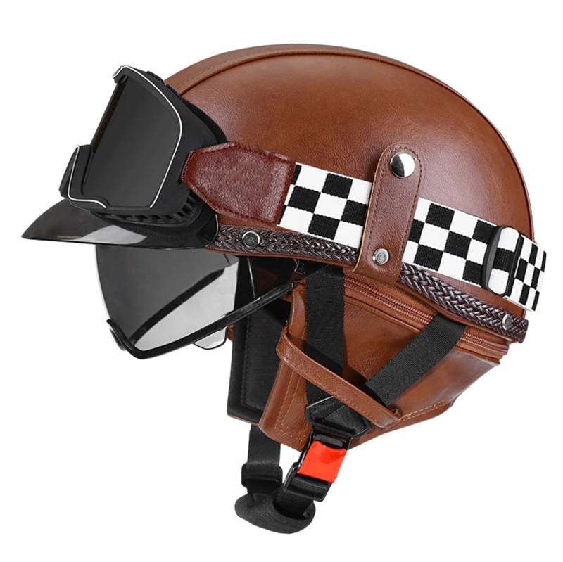 Halbschalenhelm Leder Jethelm ECEDOT-Zulassung Vintage Motorradhelm Motorrad Halbhelm Für Herren Damen Mit Brille Offenem Helm Straßenhelm Cruiser Scooter Helm 13,L:59-60CM von LPXPLP