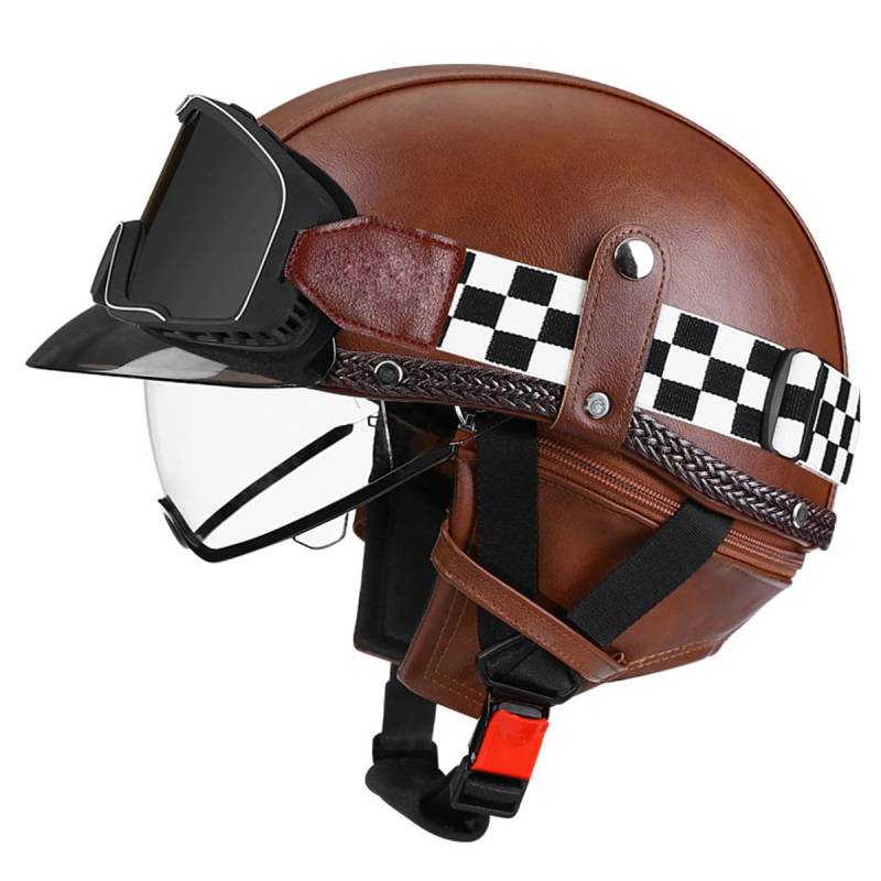 Halbschalenhelm Leder Jethelm ECEDOT-Zulassung Vintage Motorradhelm Motorrad Halbhelm Für Herren Damen Mit Brille Offenem Helm Straßenhelm Cruiser Scooter Helm 15,XXL:63-64CM von LPXPLP