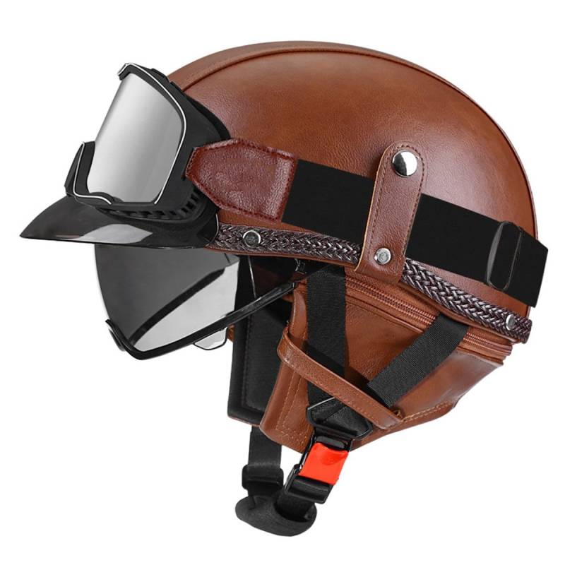Halbschalenhelm Leder Jethelm ECEDOT-Zulassung Vintage Motorradhelm Motorrad Halbhelm Für Herren Damen Mit Brille Offenem Helm Straßenhelm Cruiser Scooter Helm 16,XXL:63-64CM von LPXPLP