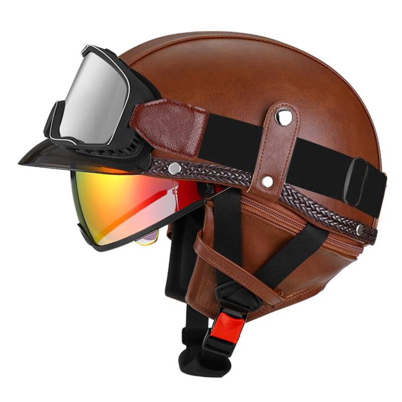 Halbschalenhelm Leder Jethelm ECEDOT-Zulassung Vintage Motorradhelm Motorrad Halbhelm Für Herren Damen Mit Brille Offenem Helm Straßenhelm Cruiser Scooter Helm 17,M:57-58CM von LPXPLP