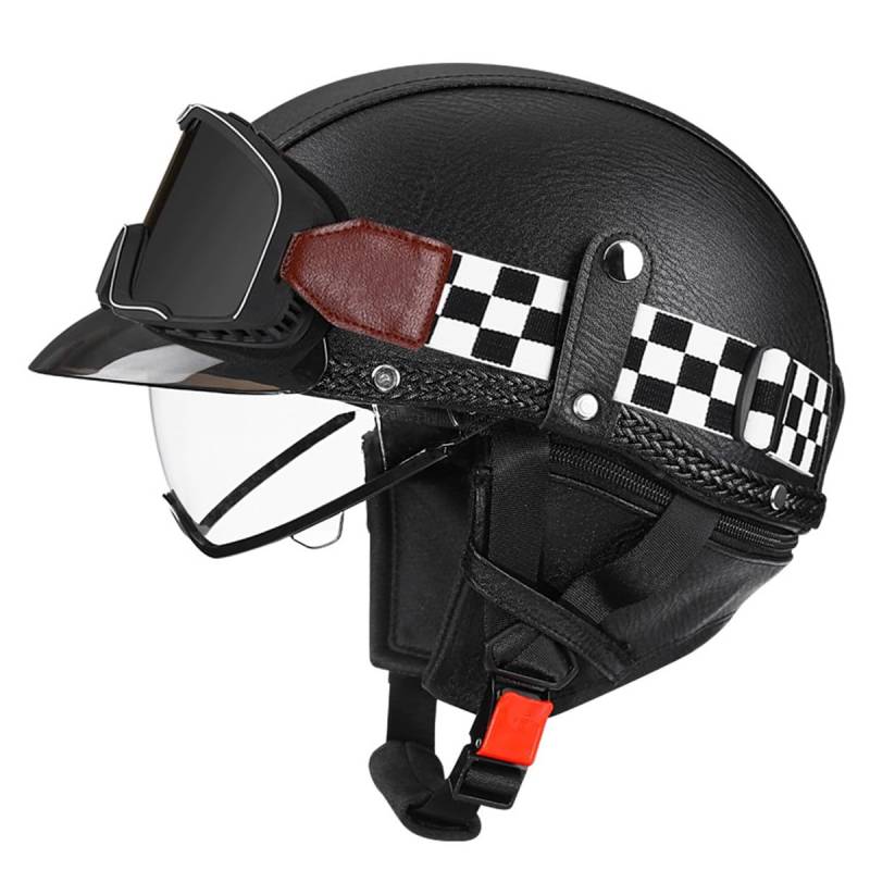 Halbschalenhelm Leder Jethelm ECEDOT-Zulassung Vintage Motorradhelm Motorrad Halbhelm Für Herren Damen Mit Brille Offenem Helm Straßenhelm Cruiser Scooter Helm 19,XXL:63-64CM von LPXPLP