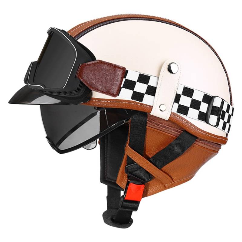 Halbschalenhelm Leder Jethelm ECEDOT-Zulassung Vintage Motorradhelm Motorrad Halbhelm Für Herren Damen Mit Brille Offenem Helm Straßenhelm Cruiser Scooter Helm 2,L:59-60CM von LPXPLP