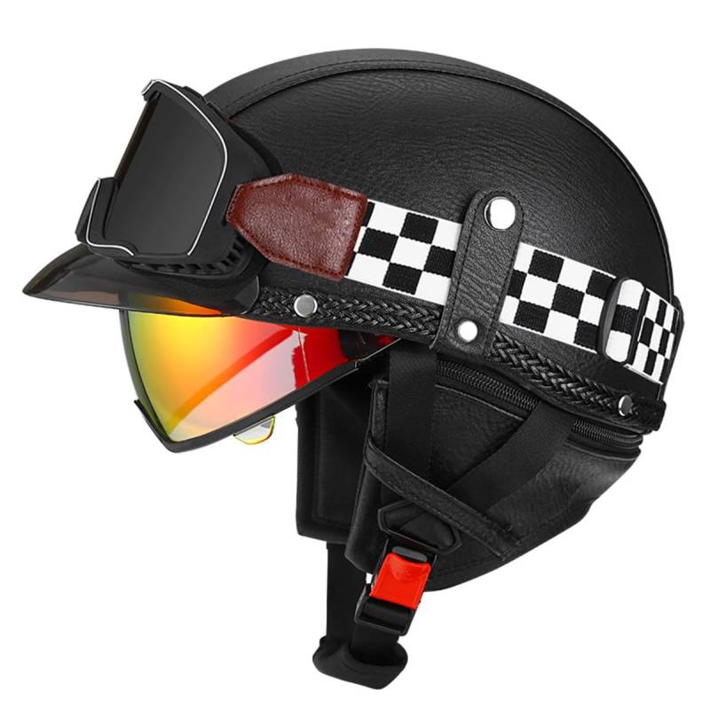 Halbschalenhelm Leder Jethelm ECEDOT-Zulassung Vintage Motorradhelm Motorrad Halbhelm Für Herren Damen Mit Brille Offenem Helm Straßenhelm Cruiser Scooter Helm 21,XXL:63-64CM von LPXPLP