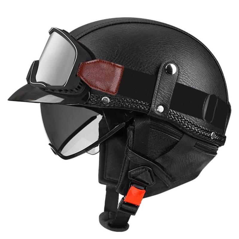 Halbschalenhelm Leder Jethelm ECEDOT-Zulassung Vintage Motorradhelm Motorrad Halbhelm Für Herren Damen Mit Brille Offenem Helm Straßenhelm Cruiser Scooter Helm 22,XXL:63-64CM von LPXPLP