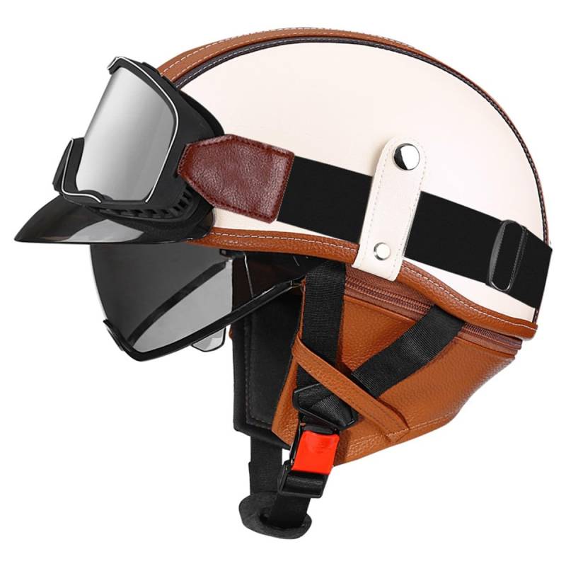 Halbschalenhelm Leder Jethelm ECEDOT-Zulassung Vintage Motorradhelm Motorrad Halbhelm Für Herren Damen Mit Brille Offenem Helm Straßenhelm Cruiser Scooter Helm 5,L:59-60CM von LPXPLP