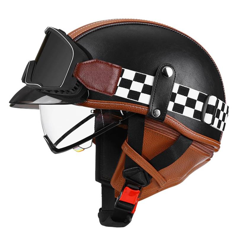Halbschalenhelm Leder Jethelm ECEDOT-Zulassung Vintage Motorradhelm Motorrad Halbhelm Für Herren Damen Mit Brille Offenem Helm Straßenhelm Cruiser Scooter Helm 7,XL:61-62CM von LPXPLP