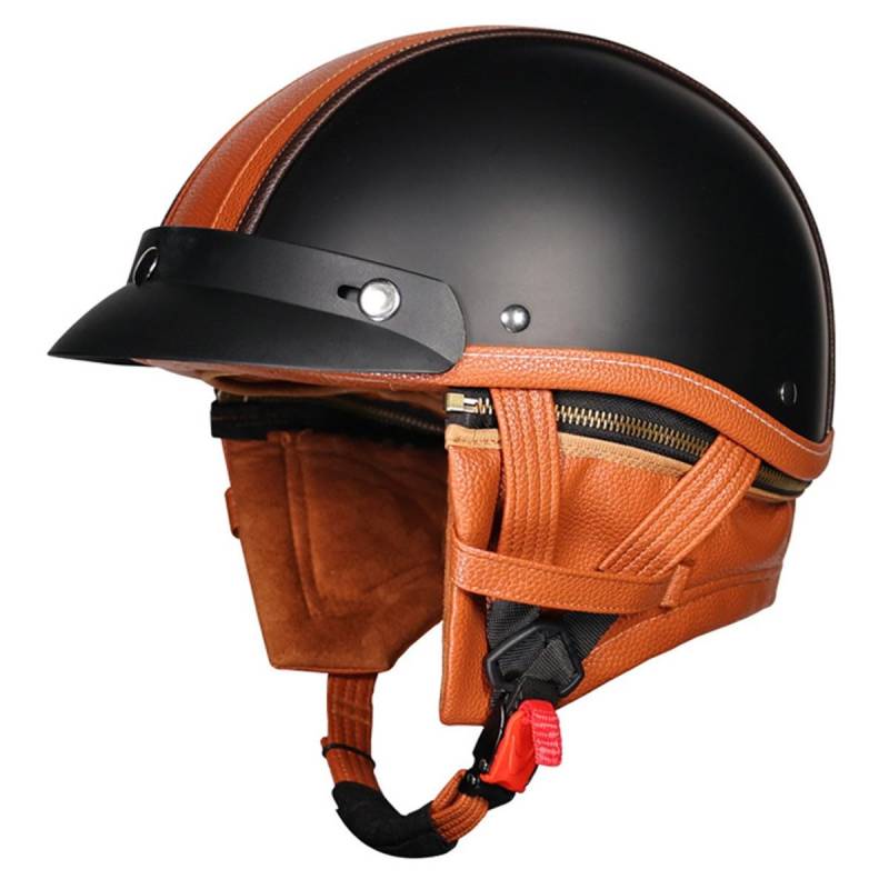 Motorradhelm Retro Leder Halbhelm Chopper Helm DOTECE Zertifizierung Motorrad Helm Halbschale Jethelm Bike Rollerhelm Für Damen Herren Mit Abnehmbares Nackenband 3,XXL:63-64CM von LPXPLP