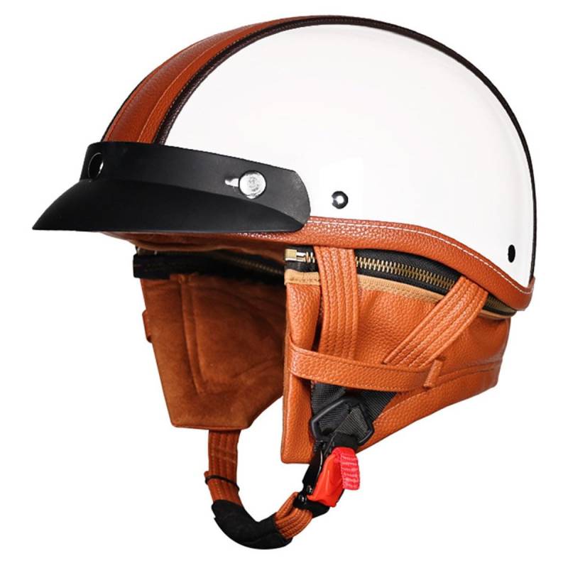 Retro Oldtimer Halbschale Leder Jethelm Brain-Cap Motorrad-Helm DOTECE-Zulassung Rollerhelm Cruiser Motorradhelm Halbschalenhelm Mit Abnehmbare Krempe Für Damen Herren 1,XXL:63-64CM von LPXPLP