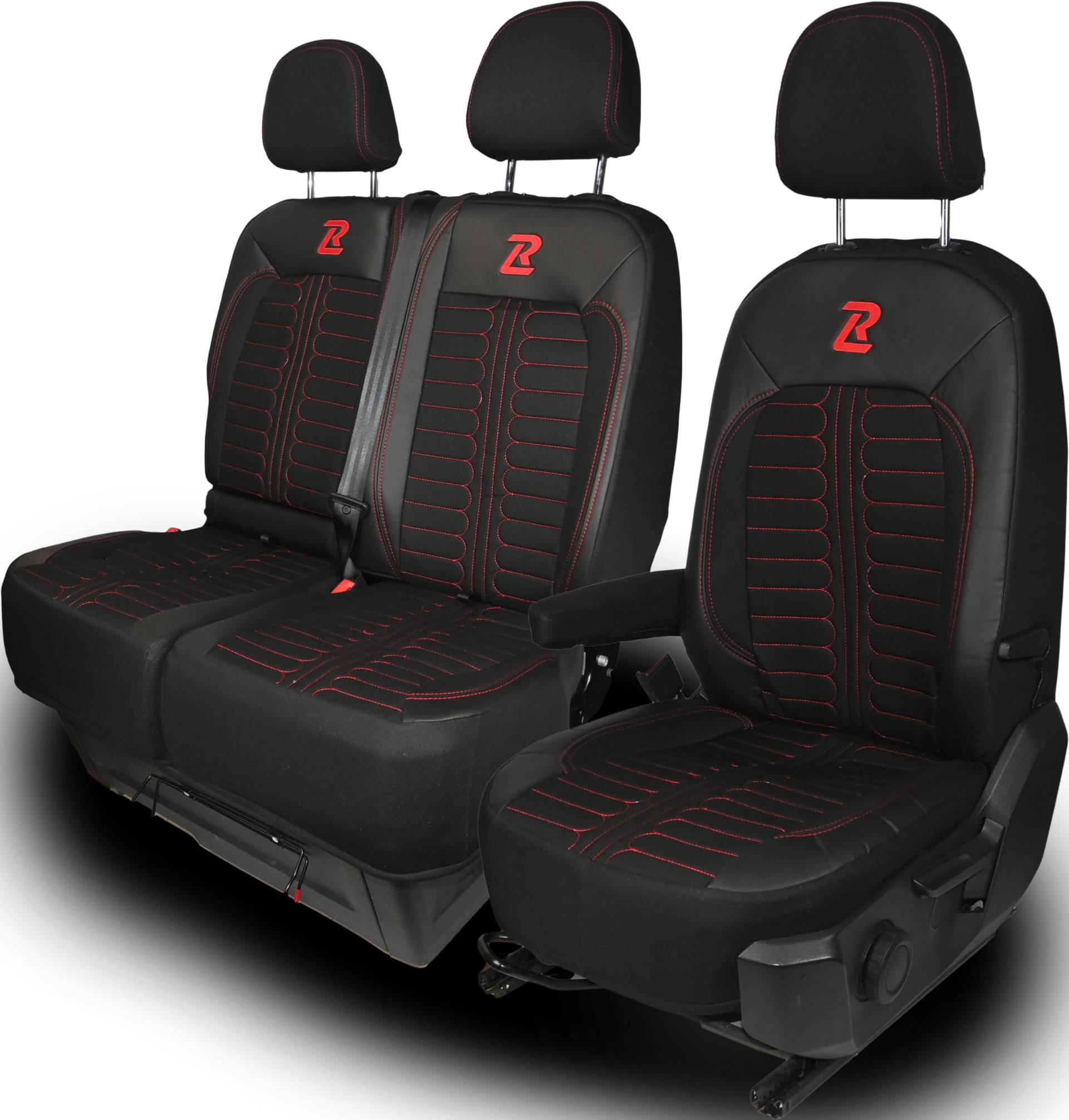 LUCARO Sitzbezügesets für Volkswagen Crafter 2, Man TGE, 1+2 - Auto Sitzbezüge Schwarz Rot - Schonbezüge für Autositze 2+1 - Ergonomische Sitzbezüge - Car Seat Cover - Öko-Leder-Sessel von LUCARO