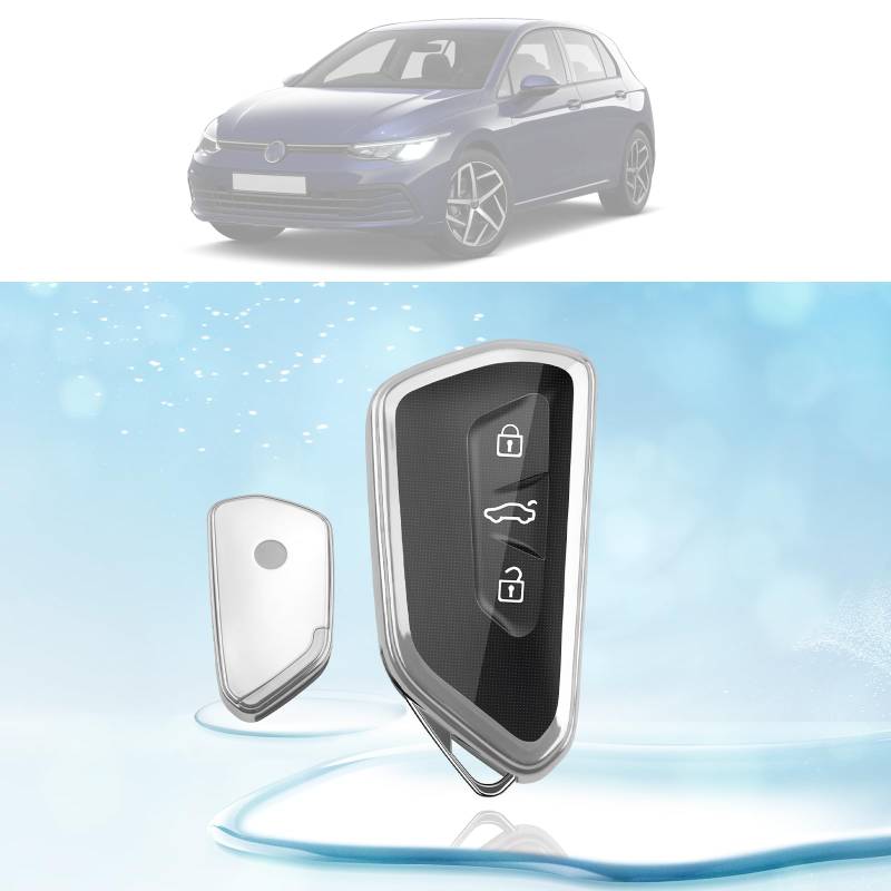 LUWU Autoschlüssel Hülle für VW Golf 8 /Seat Leon Ateca Tarraco /Skoda Octavia Enyaq /ID.3 ID.4 Multivan T7 /Cupra Formentor Born 2020-2024 2025 TPU Silikon 3-Tasten Autoschlüssel Fob Hülle (Silber) von LUWU