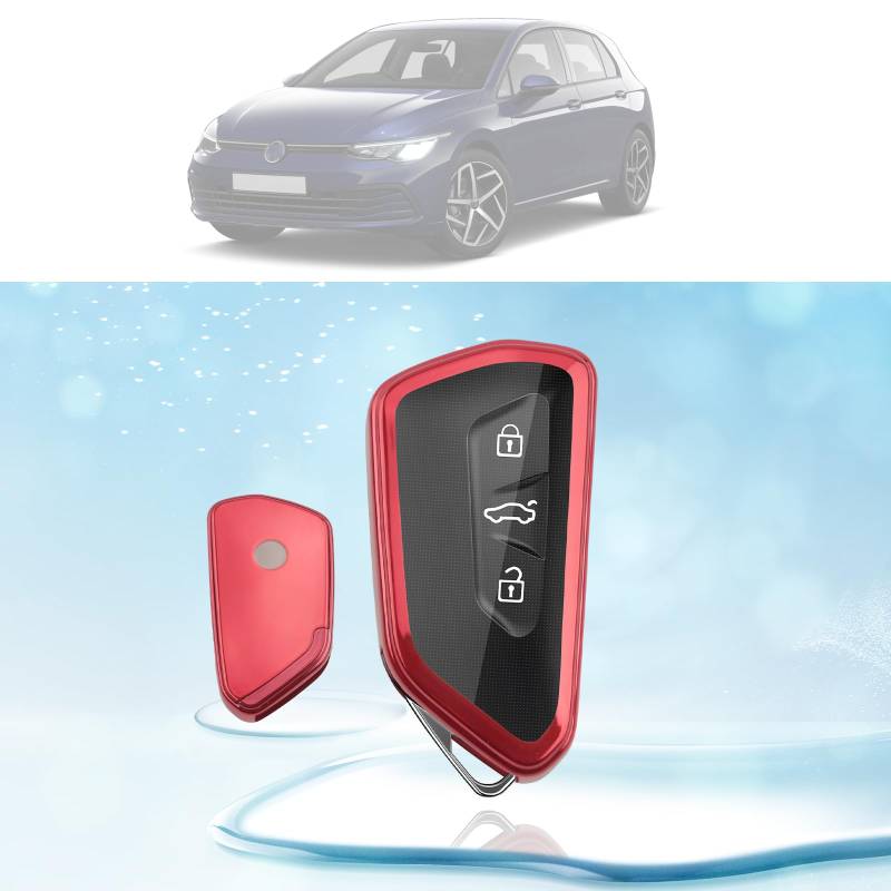 LUWU Autoschlüssel Hülle für VW Golf 8 / Seat Leon Ateca Tarraco / Skoda Octavia Enyaq / ID.3 ID.4 Multivan T7 / Cupra Formentor Born 2020-2024 2025 TPU Silikon 3-Tasten Autoschlüssel Fob Hülle (Rot) von LUWU