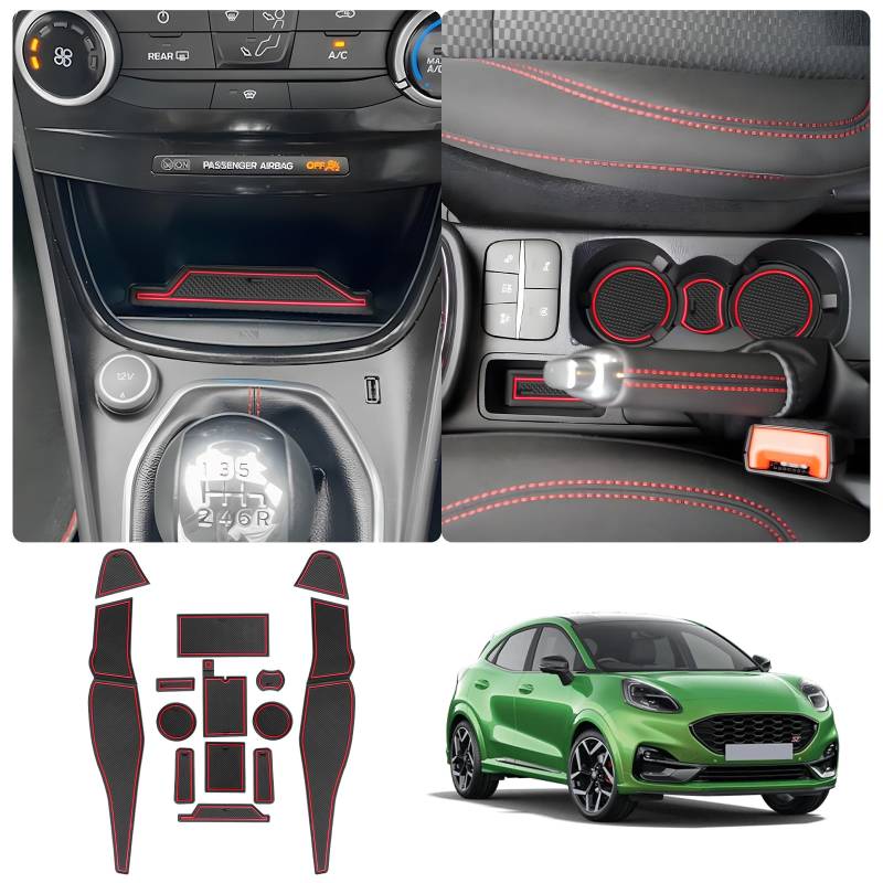 LUWU Kompatibel mit Ford Puma ST Line 2020-2024 Gummimatten Mittelkonsole Antirutschmatten Getränkehaltermatt Türschlitzmatte Aufbewahrungsbox Rutschfestermatte Puma 2024 Zubehör (Rot) von LUWU