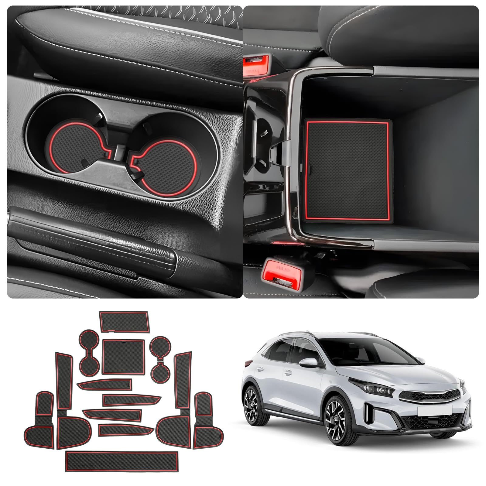 LUWU Kompatibel mit Kia Ceed/Proceed/XCeed GT 2018-2024(Schaltgetriebe) Antirutschmatten Gummimatten Mittelkonsole Getränkehaltermatt Türschlitzmatte Aufbewahrungsbox Rutschfestermatte (Rot) von LUWU