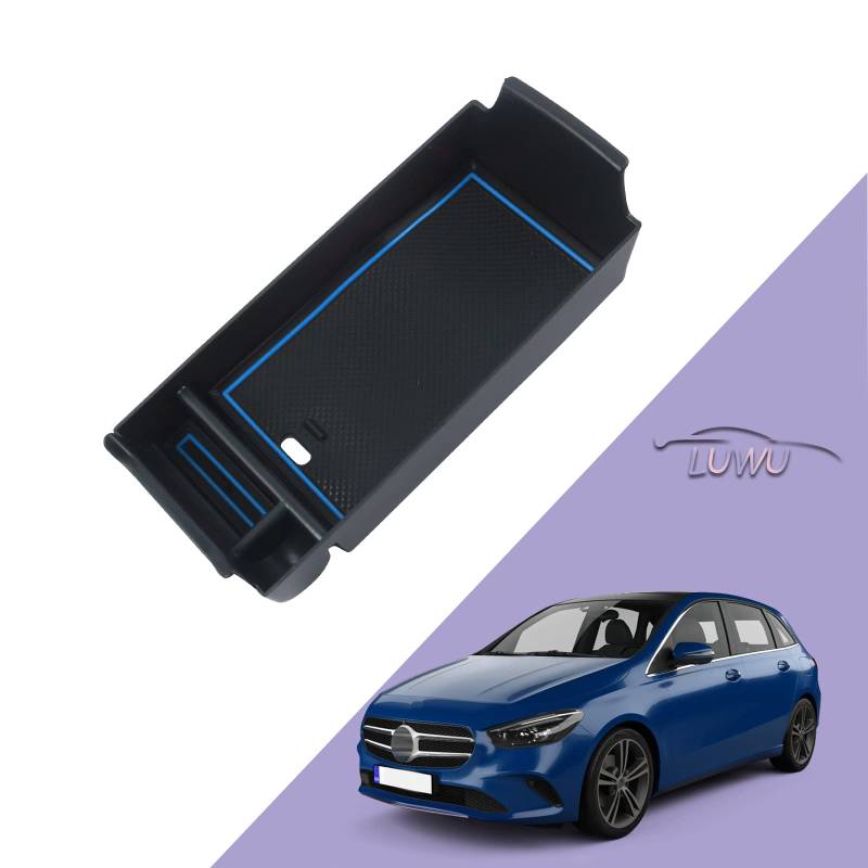 LUWU Kompatibel mit Mercedes A-Klasse W177 V177 B-Klasse W247 GLA H247 CLA C118 2019-2023 2024 Mittelkonsole Aufbewahrungsbox Armlehnen Organizer mit Rutschfester Matte Auto Zubehör (Blau) von LUWU