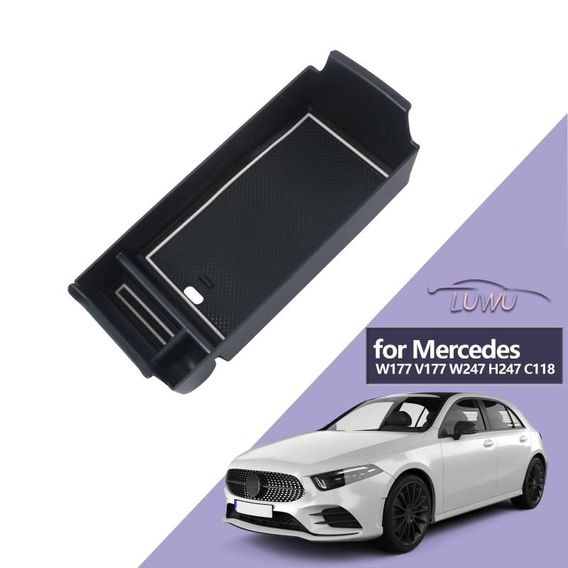 LUWU Kompatibel mit Mercedes A-Klasse W177 V177 B-Klasse W247 GLA H247 CLA C118 2019-2023 2024 Mittelkonsole Aufbewahrungsbox Armlehnen Organizer mit Rutschfester Matte Auto Zubehör (Weiß) von LUWU