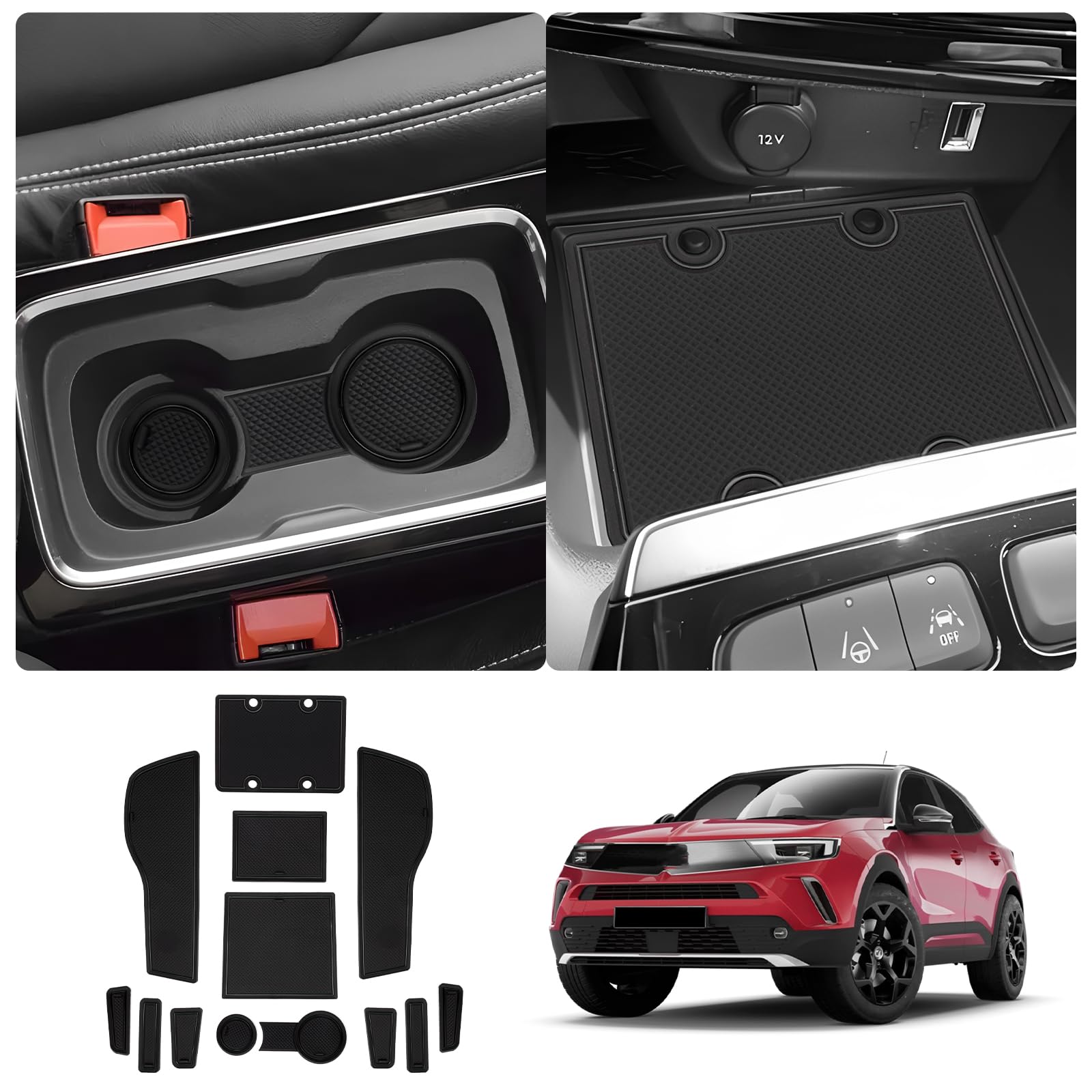 LUWU Kompatibel mit Opel/Vauxhall Mokka B Mokka-e 2021-2024 2025 Gummimatten Mokka e Mittelkonsole Anti-Staub Becherhalter Türnaht Automatten Innenraum Zubehör (Schwarz) von LUWU