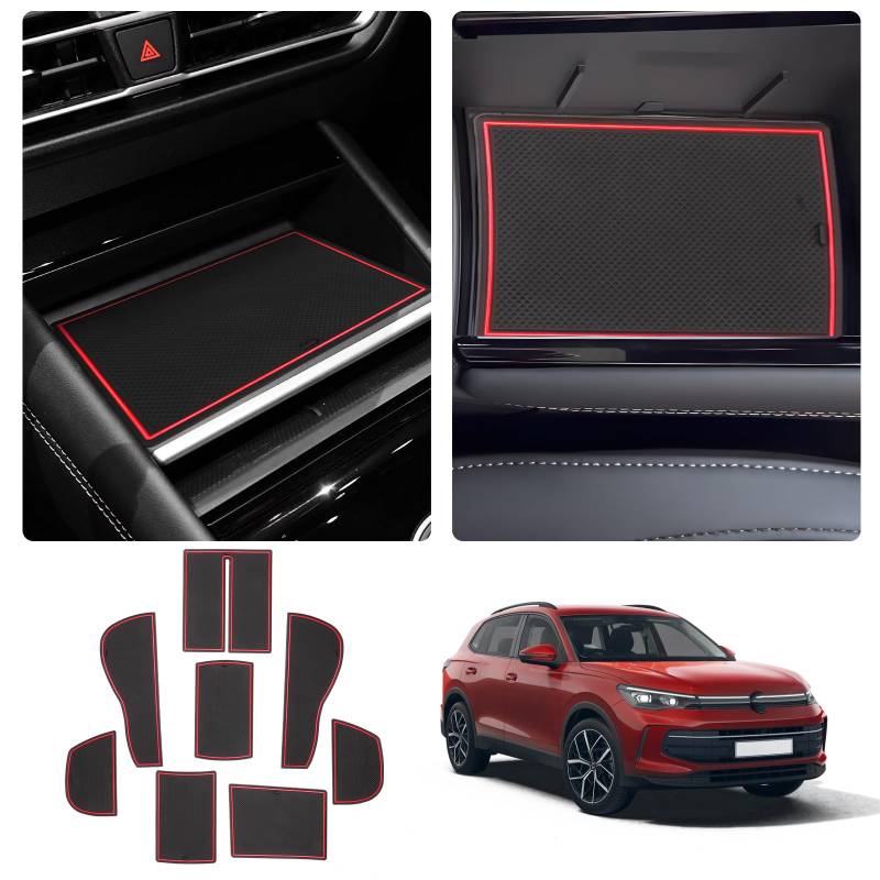 LUWU Kompatibel mit VW Tiguan 3 2024 2025 Antirutschmatten Gummimatten Mittelkonsole Antirutschmatten Getränkehalter Matt Matte Aufbewahrungsbox rutschfeste Matte Tiguan 3 Zubehör (Rot) von LUWU