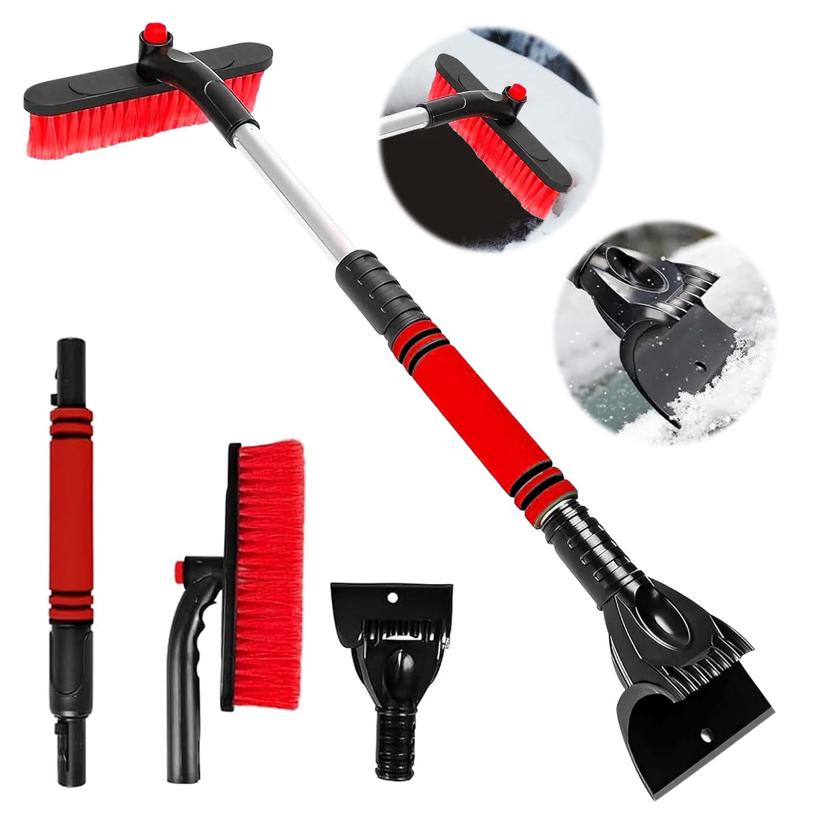 Eiskratzer Auto mit Besen, Schneebesen mit Eiskratzer, Ausziehbare Schneeräumbürste, Abnehmbarer Schneebesen Auto, Schneekratzer und Bürste für Windschutzscheiben von Pkw, SUV und LKW (red) von LXYYDS