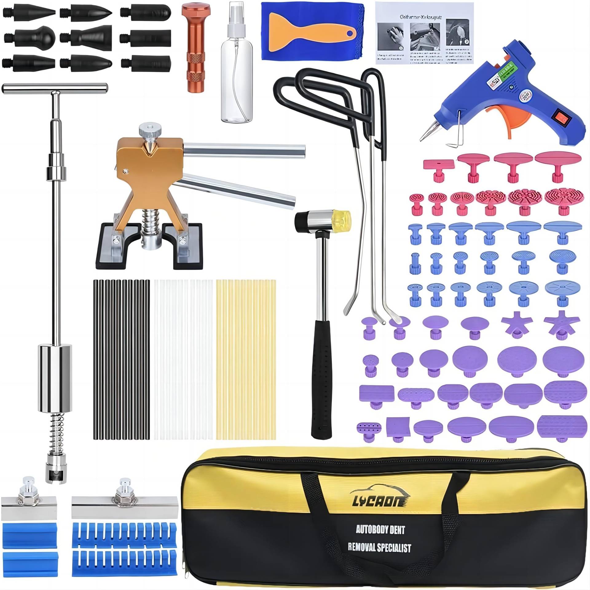 Ausbeulwerkzeug Dent Puller Kit, Paintless Car Dent Repair Tool, Hail Removal, T-Puller Hook Rods - Anleitung & Video (107PCS) von LYCAON