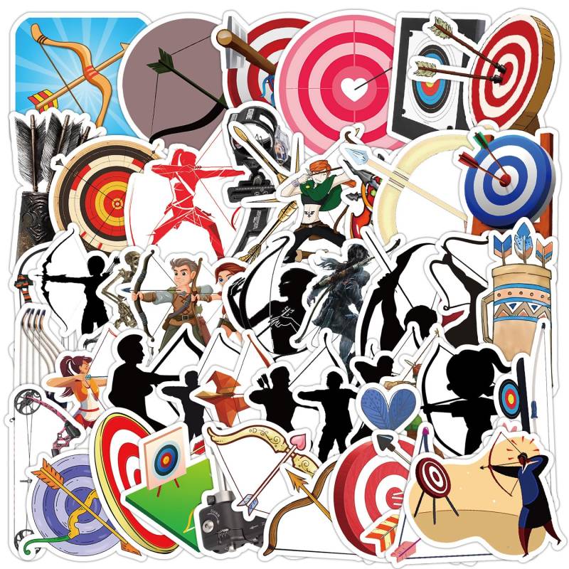 LYLSDSB Bogenschießen Aufkleber 50 Stück Trendy Funny Schießen Sport Aufkleber für Laptop Wasserflaschen Scrapbook Motorrad Fahrrad Koffer Auto Gepäck Skateboard,Vinyl Sticker für Erwachsene Teenager von LYLSDSB
