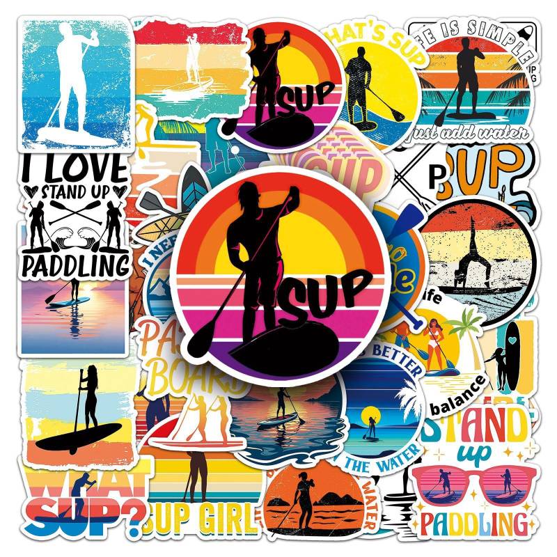 Stand up Paddle Aufkleber 50 Stück Vinyl Funny Outdoor Sport Sticker für Laptop Skateboard Scrapbook Motorrad Koffer Auto Telefon Gepäck,Wasserfeste Coole Strand Sticker für Jugendliche Erwachsene von LYLSDSB