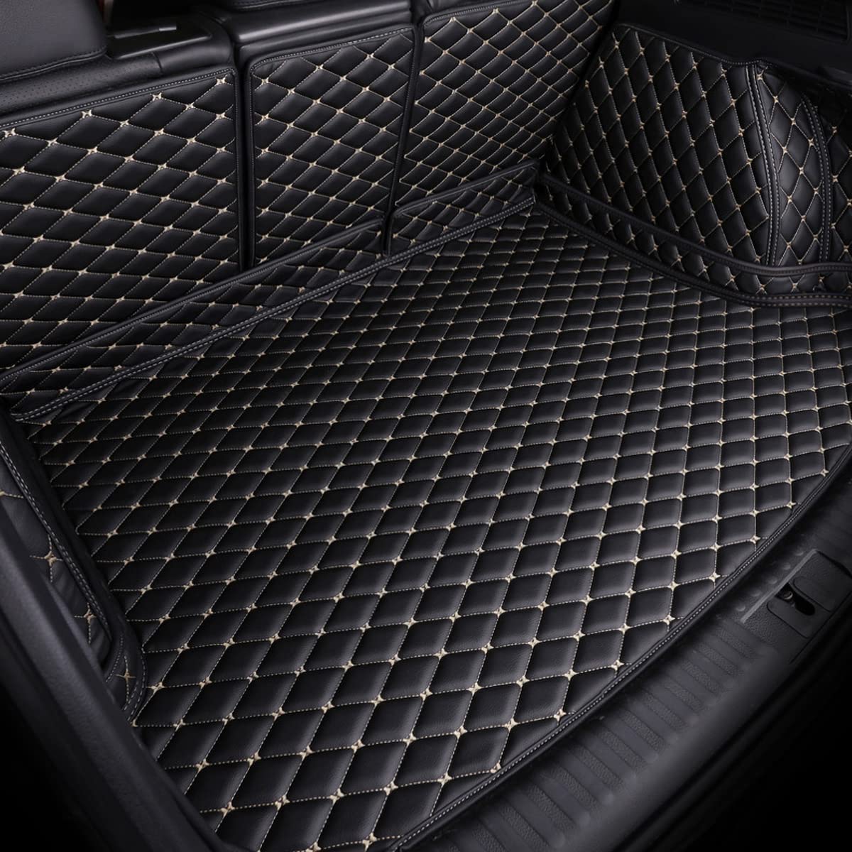 Auto Leder Kofferraummatte Kofferraumwanne für Hyundai Grand Santa Fe 2014-2018, Antirutschmatte Kofferraum Schutzmatte Auto Zubehör,B/Black-beige von LYNSH