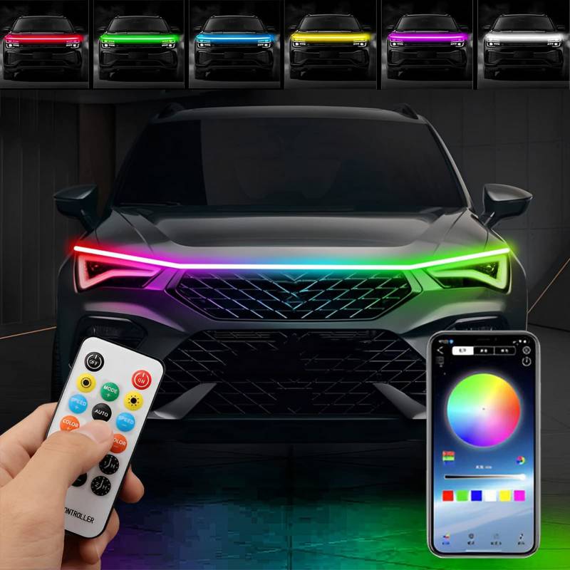 Auto Led Lichter, 12V Auto Motorhaube Ambientebeleuchtung, RGB Flexibler wasserdichter LED-Tagfahrlicht, Motorabdeckung Dekoration Streifen, APP und Fernbedienung LED-Dekorationslicht (180CM) von LZXSXZ