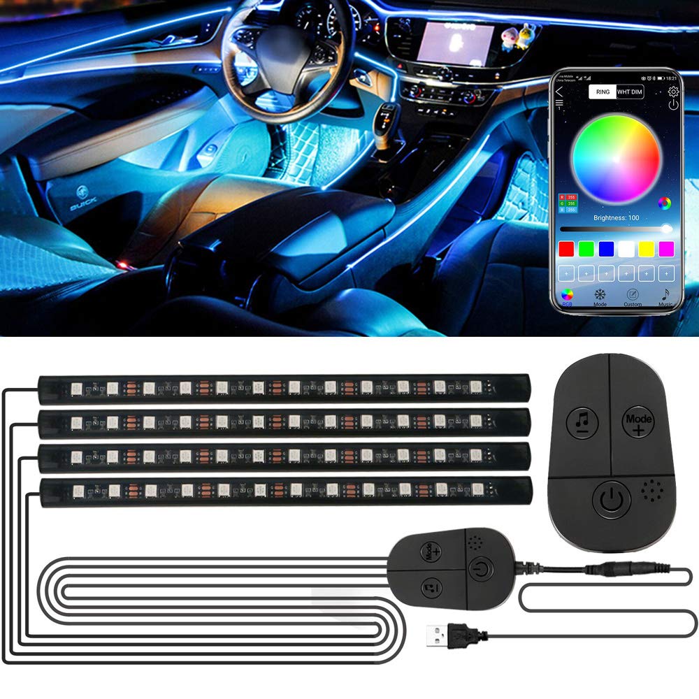 Auto LED Innenbeleuchtung, 48LED RGB-Streifen mit Verbesserter APP und Kontroller Atmosphäre Licht, Wasserdicht Mehrfarbige Musik Fußraumbeleuchtung Strip Kit, Starker Klebstoff, 5V USB-Anschluss von Lacasa