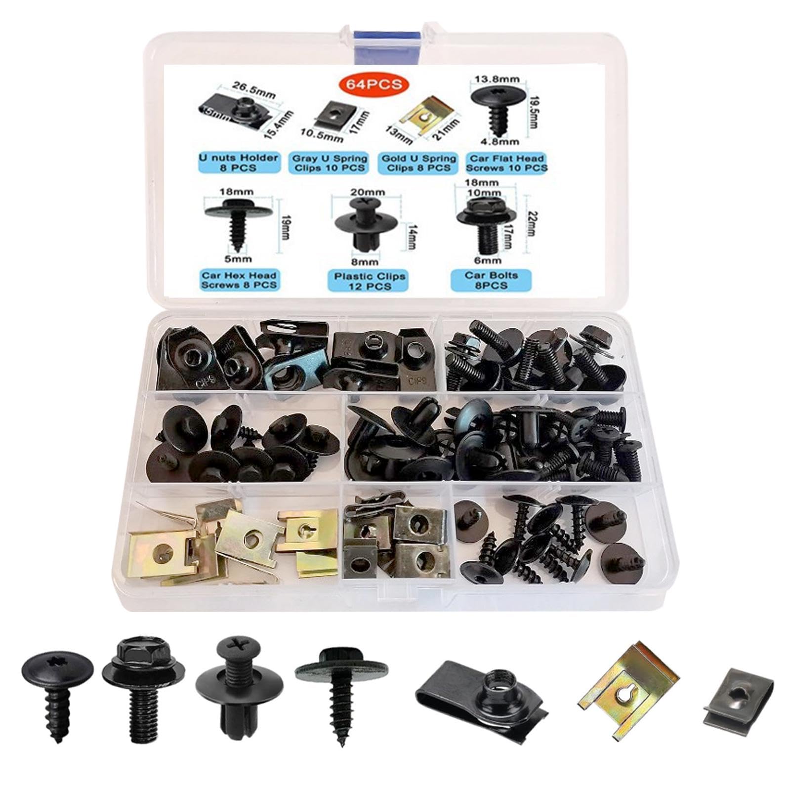 64er Pack Autoschrauben-Mutter-Clip-Satz, Karosserie-Unterbodenschutz-Schrauben, U-Typ Auto-Montageklammern, Metall-Kotflügel-Clip, Blechmuttern, Montageklammern, Kunststoff-Montage-Set 64er Pack Autoschrauben-Mutter-Clip-Satz, Karosserie-Unterbodenschutz-Schrauben, U-Typ Auto-Montageklammern, Metall-Kotflügel-Clip, Blechmuttern, Montageklammern, Kunststoff-Montage-Set von Laluky