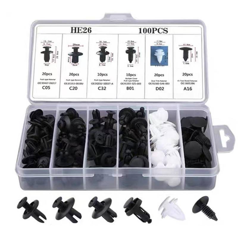 Laluky 100 Stück Auto Montage Clips, Universal Auto Clips Set, 6 Arten von Türverkleidung Clips, Kunststoff Stoßstange Expansion Nieten Montage-Kit(schwarz, weiß) von Laluky